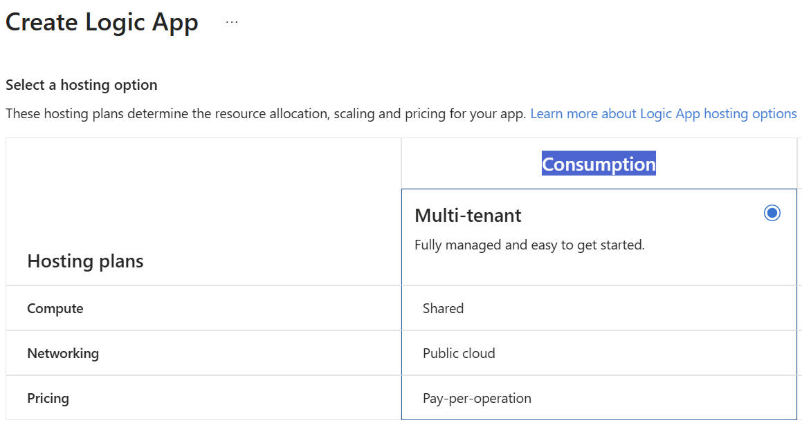 Seleção do plano Consumption durante o provisionamento do Logic App