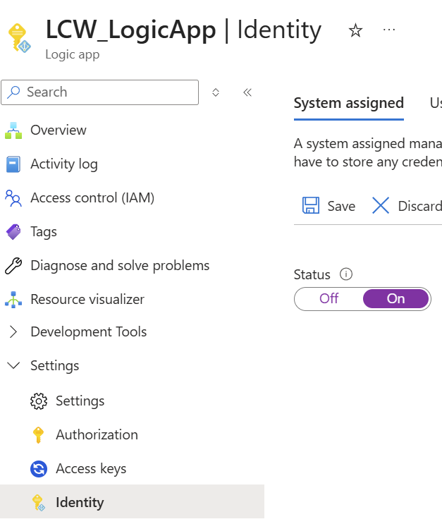 Ativando a System Assigned Managed Identity no Logic App